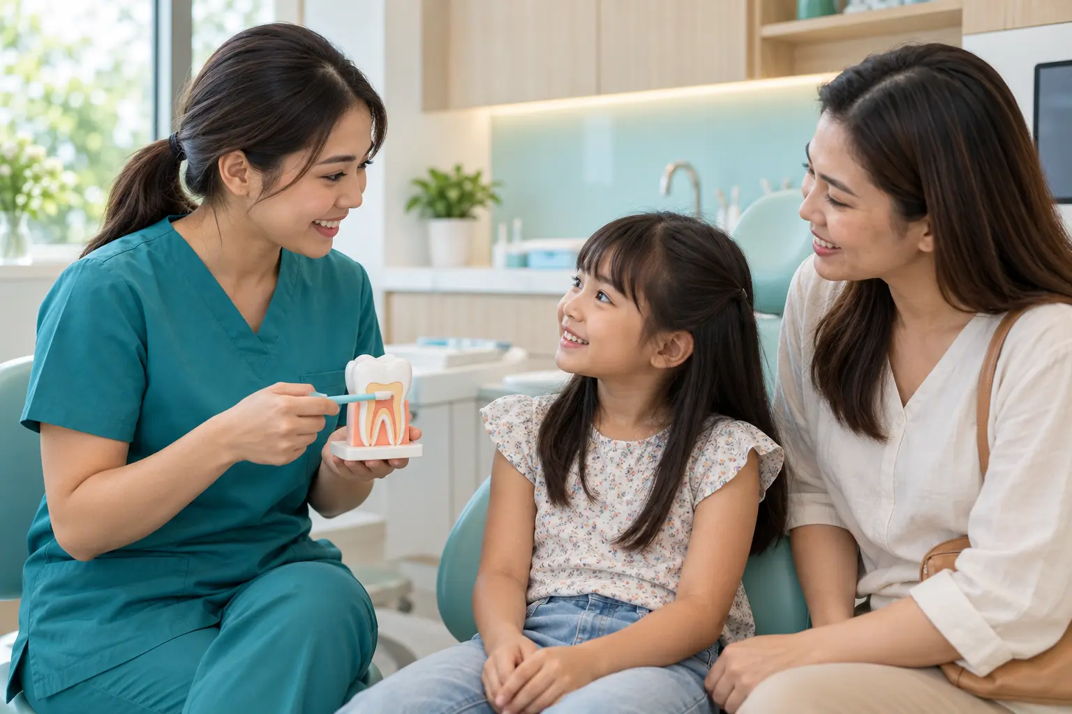 Dentist explaining oral care to a child and parent